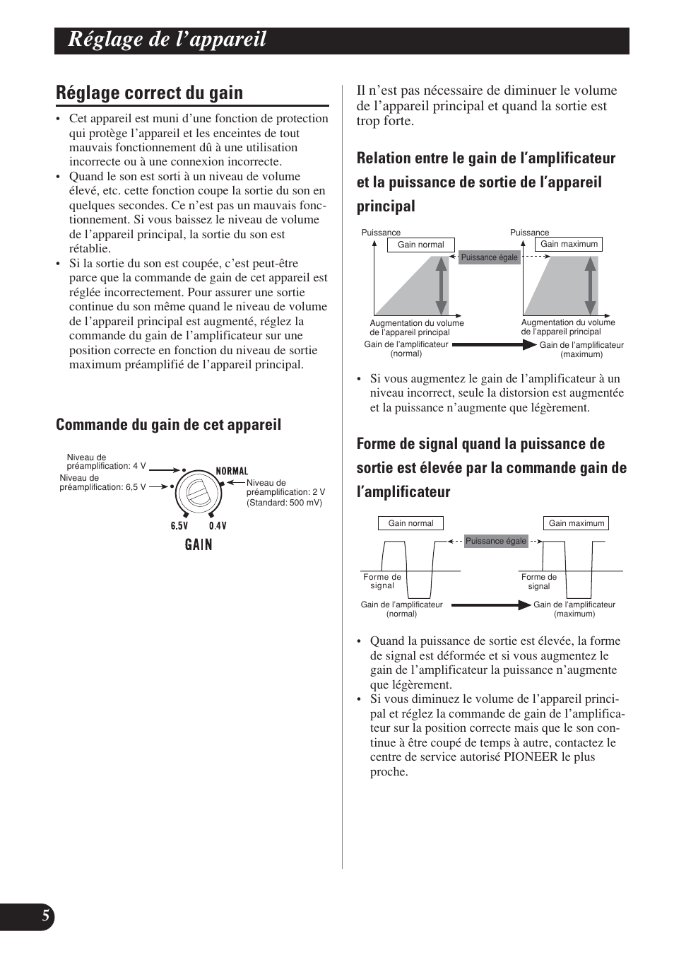 Réglage correct du gain, Réglage de l’appareil, Commande du gain de cet appareil | Pioneer D2000SPL User Manual | Page 60 / 128