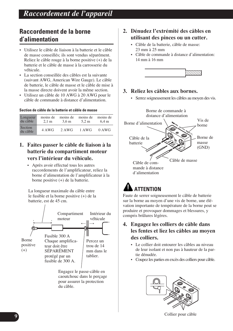 Raccordement de la borne d’alimentation, Raccordement de l’appareil, Reliez les câbles aux bornes | Attention | Pioneer D2000SPL User Manual | Page 64 / 128