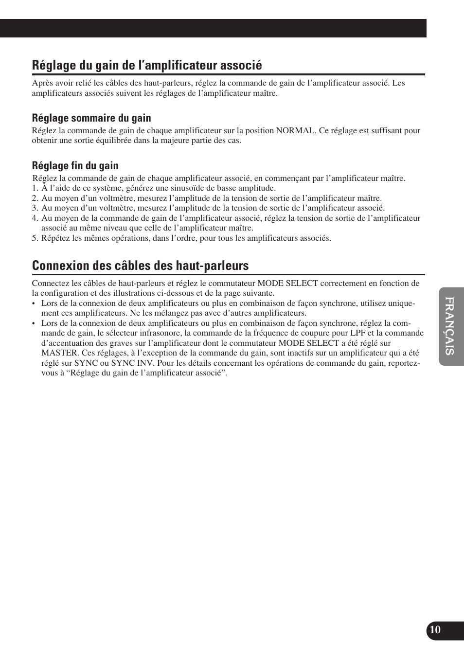 Réglage du gain de l’amplificateur associé, Connexion des câbles des haut-parleurs | Pioneer D2000SPL User Manual | Page 65 / 128