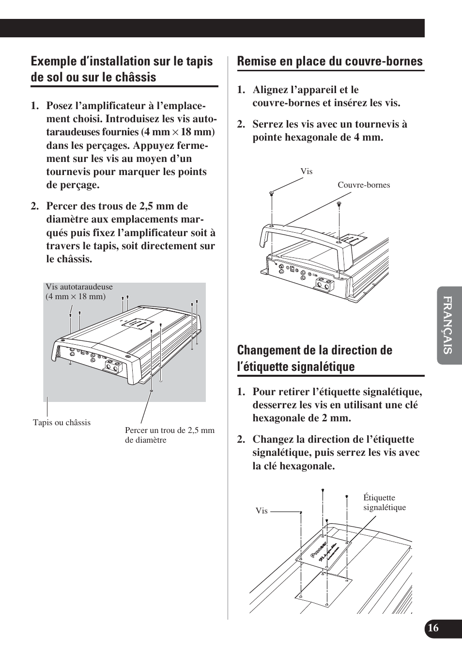 Exemple d’installation sur le tapis de sol ou, Sur le châssis, Signalétique | Remise en place du couvre-bornes | Pioneer D2000SPL User Manual | Page 71 / 128