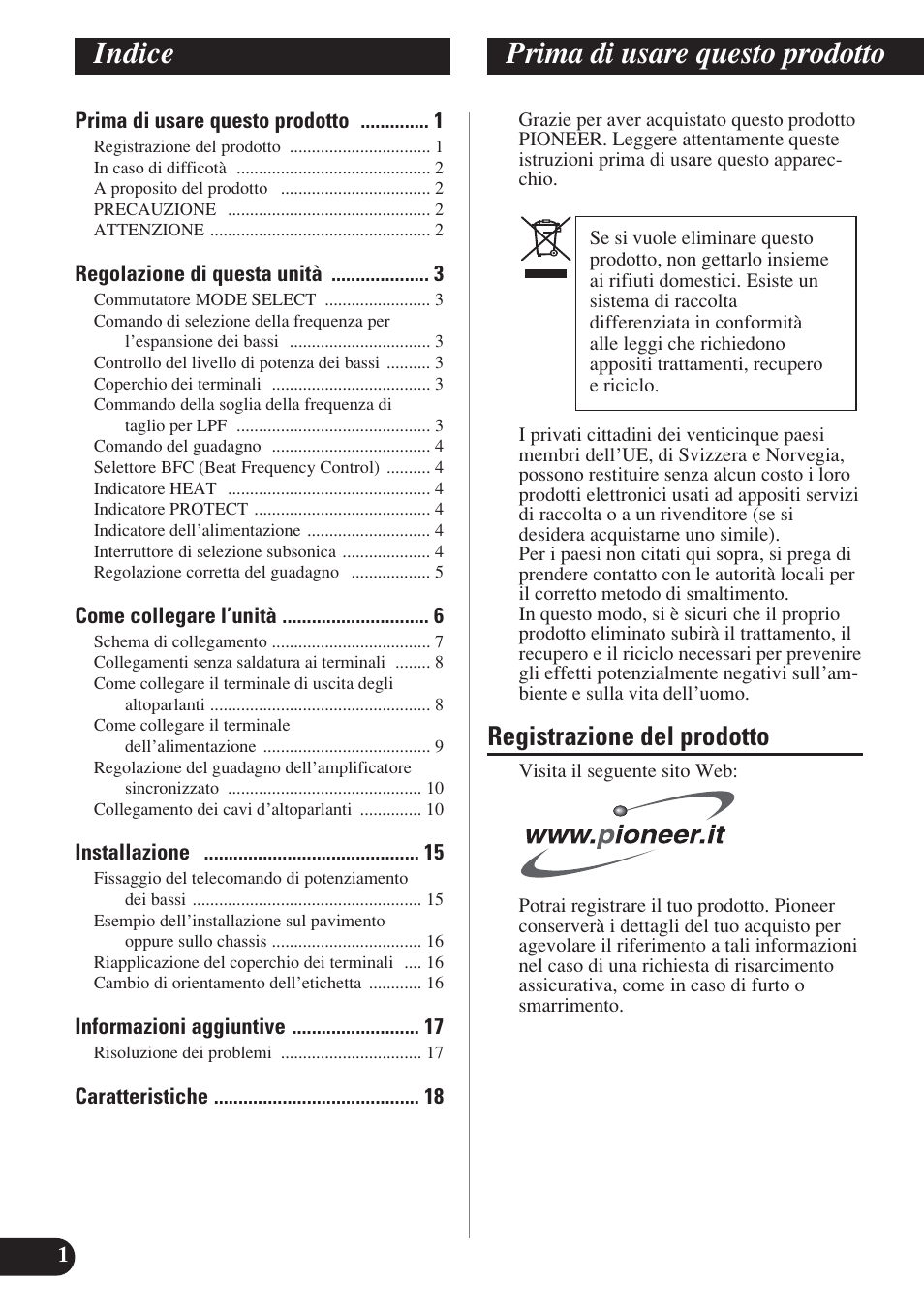 Italiano, Indice prima di usare questo prodotto, Registrazione del prodotto | Pioneer D2000SPL User Manual | Page 74 / 128