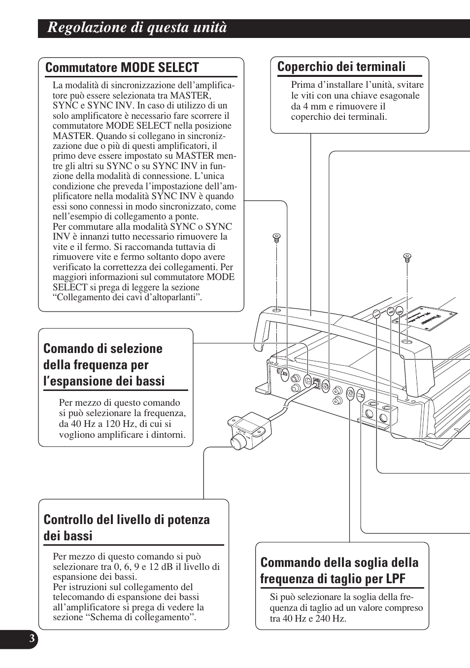 Regolazione di questa unità, L’espansione dei bassi, Taglio per lpf | Pioneer D2000SPL User Manual | Page 76 / 128