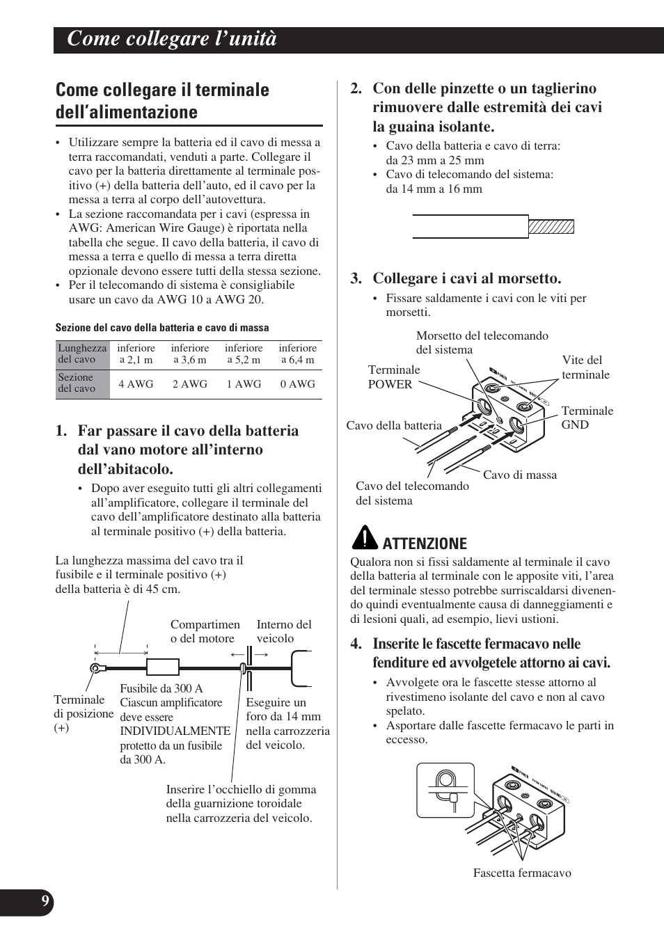 Come collegare il terminale, Dell’alimentazione, Come collegare l’unità | Come collegare il terminale dell’alimentazione, Collegare i cavi al morsetto, Attenzione | Pioneer D2000SPL User Manual | Page 82 / 128