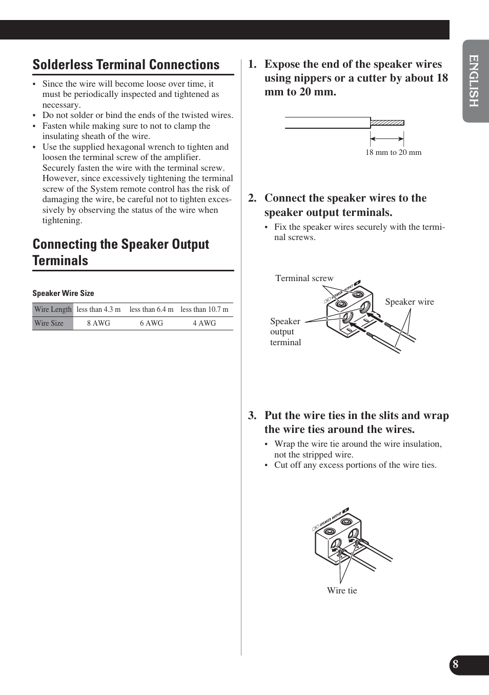 Solderless terminal connections, Connecting the speaker output terminals | Pioneer D2000SPL User Manual | Page 9 / 128