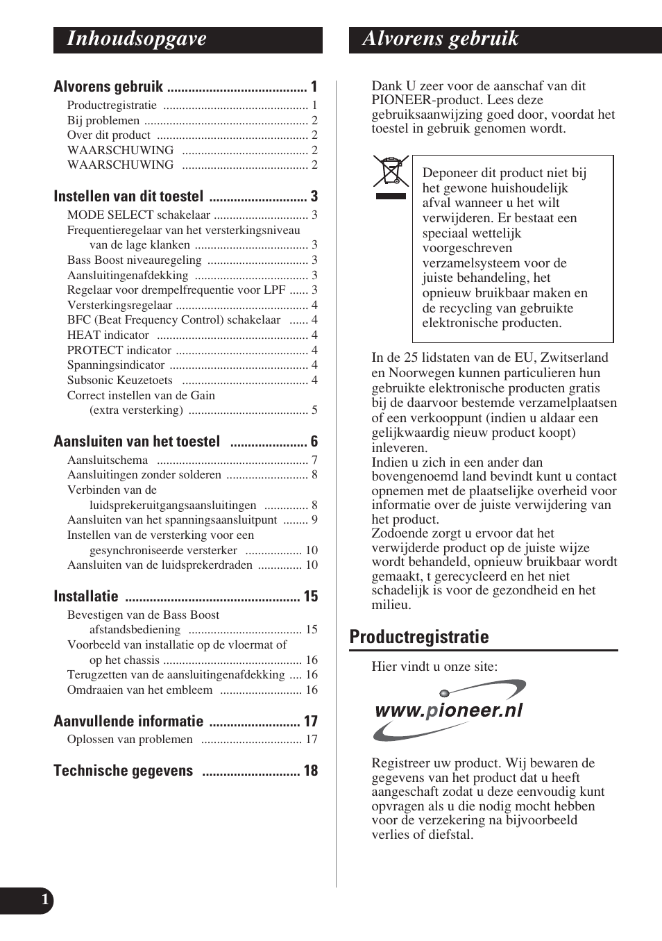 Nederlands, Inhoudsopgave alvorens gebruik, Productregistratie | Pioneer D2000SPL User Manual | Page 92 / 128