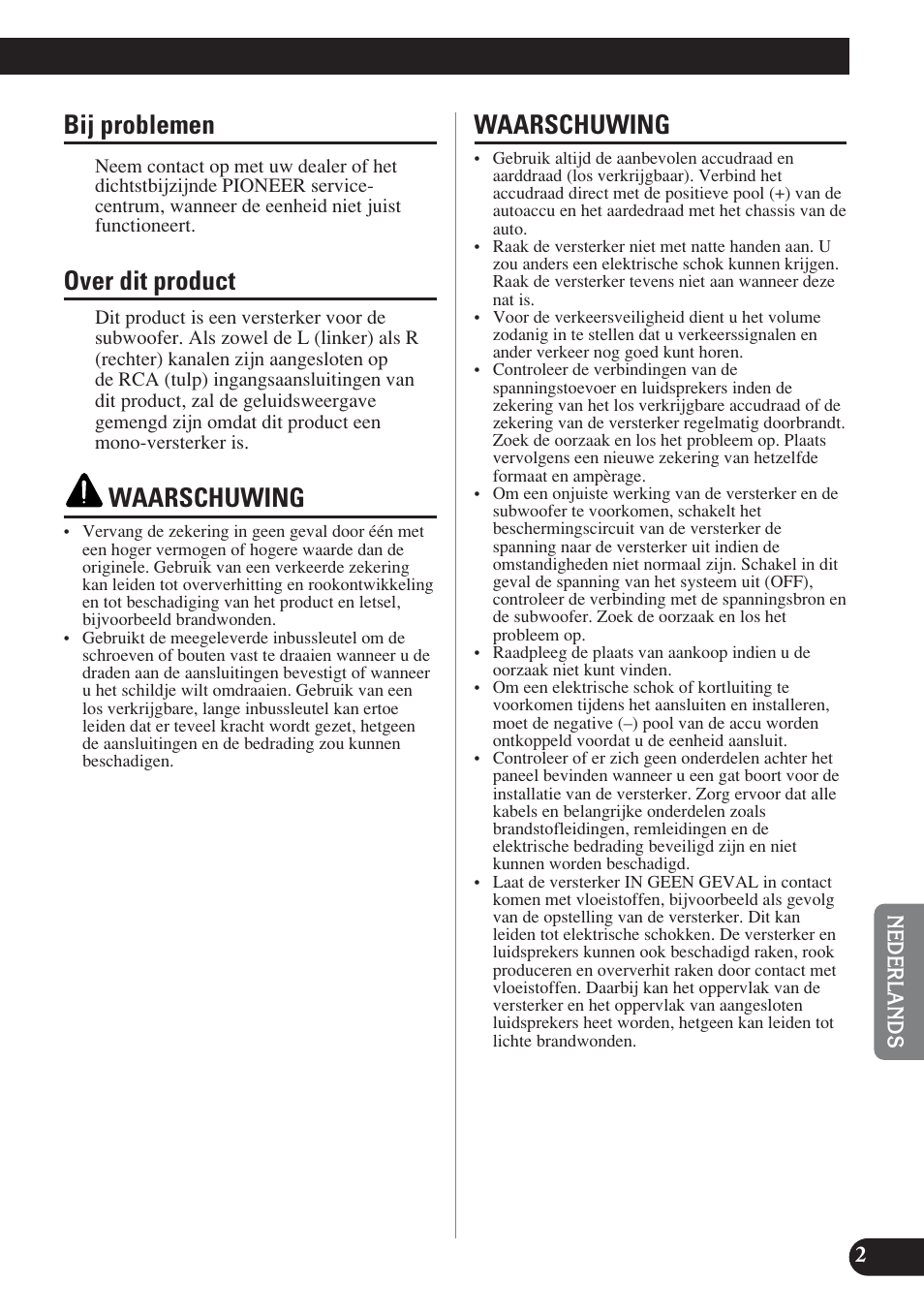 Bij problemen, Over dit product, Waarschuwing | Pioneer D2000SPL User Manual | Page 93 / 128