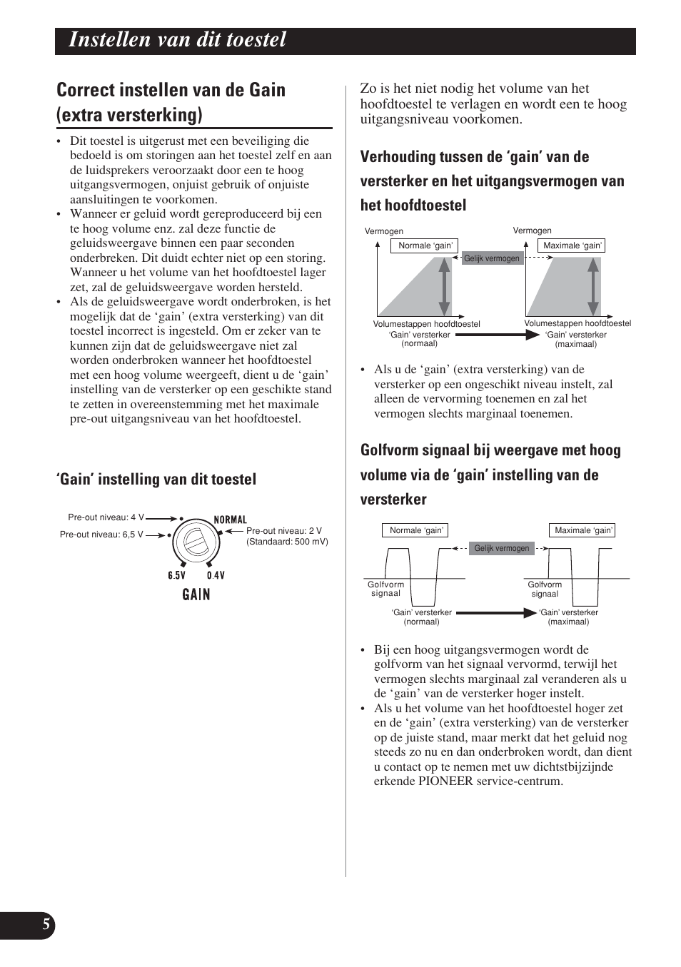 Correct instellen van de gain, Extra versterking), Instellen van dit toestel | Correct instellen van de gain (extra versterking), Gain’ instelling van dit toestel | Pioneer D2000SPL User Manual | Page 96 / 128