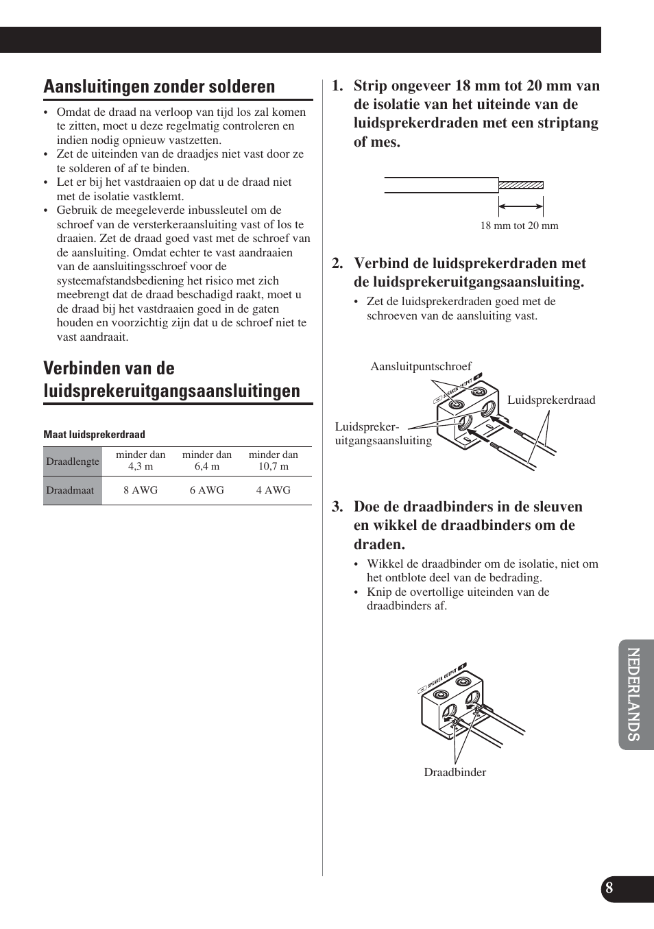 Aansluitingen zonder solderen verbinden van de, Luidsprekeruitgangsaansluitingen, Aansluitingen zonder solderen | Verbinden van de luidsprekeruitgangsaansluitingen | Pioneer D2000SPL User Manual | Page 99 / 128