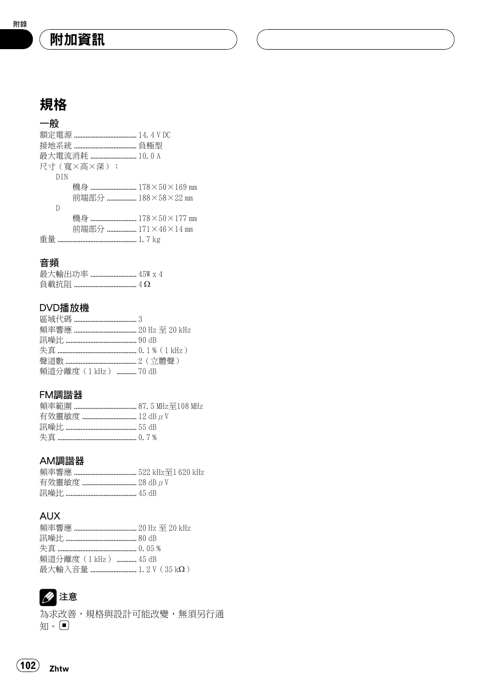 規格 102, 附加資訊 | Pioneer DVH-3950MP User Manual | Page 102 / 154