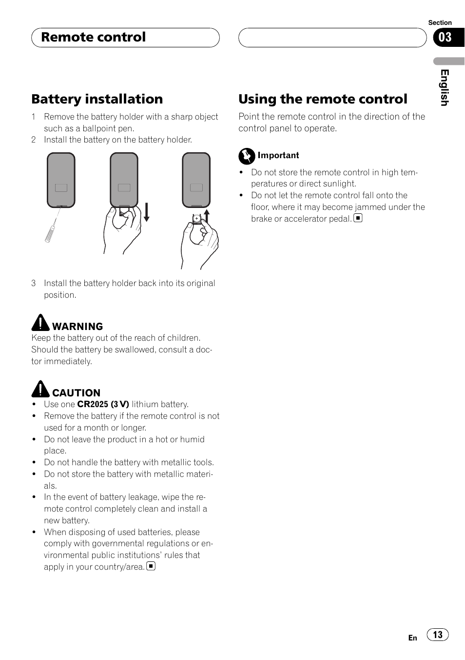 Battery installation, Using the remote control, Remote control | Pioneer DVH-3950MP User Manual | Page 13 / 154