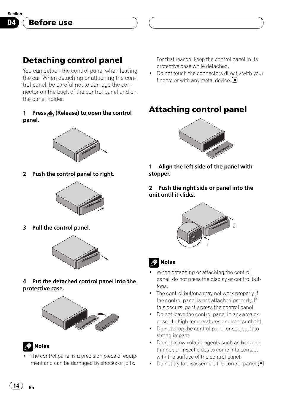 Before use detaching control panel, Attaching control panel, Detaching control panel | Before use | Pioneer DVH-3950MP User Manual | Page 14 / 154