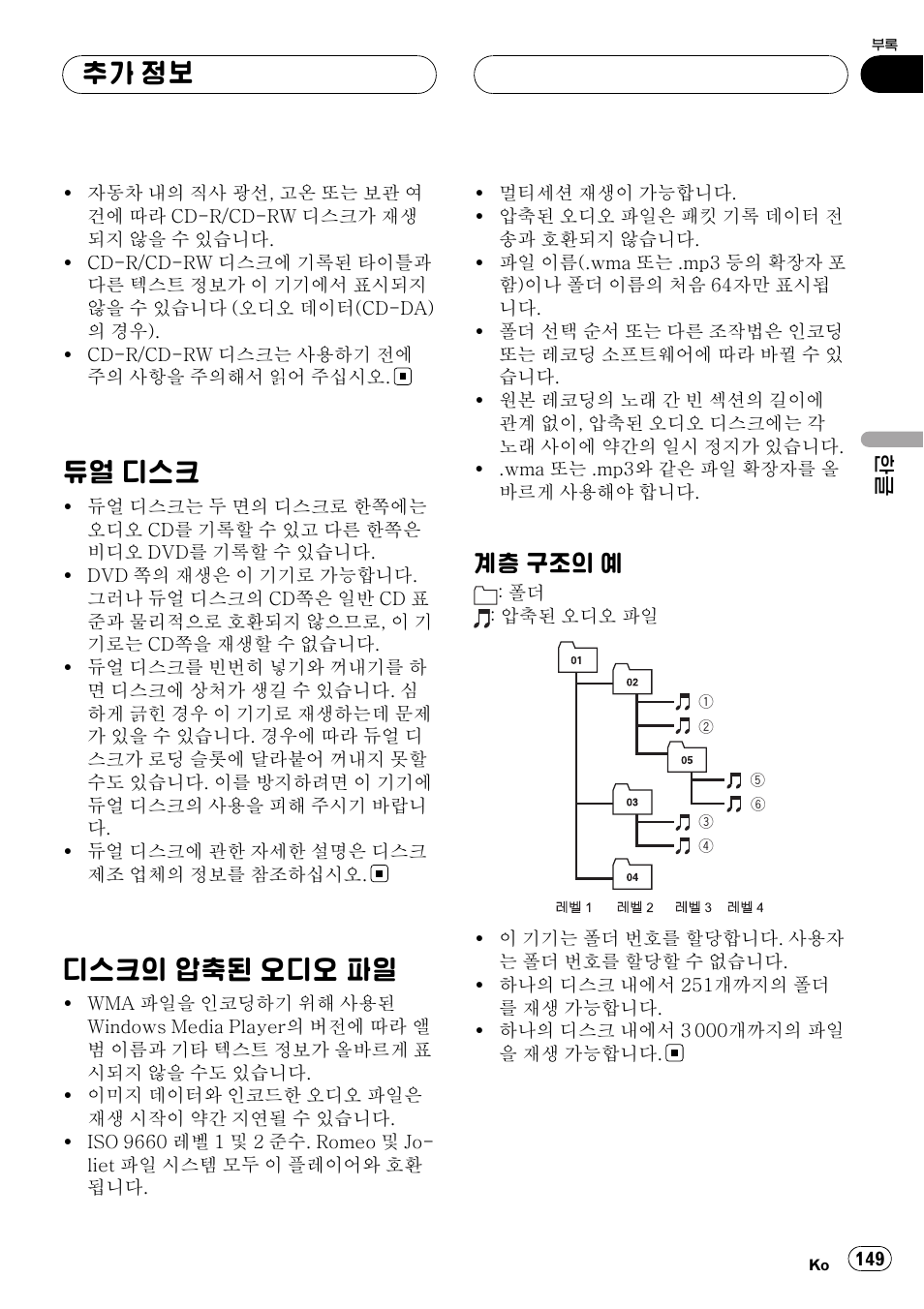 듀얼 디스크 149, 디스크의 압축된 오디오 파일 149, 계층 구조의 예 149 | 듀얼 디스크, 디스크의 압축된 오디오 파일, 추가 정보, 계층 구조의 예 | Pioneer DVH-3950MP User Manual | Page 149 / 154