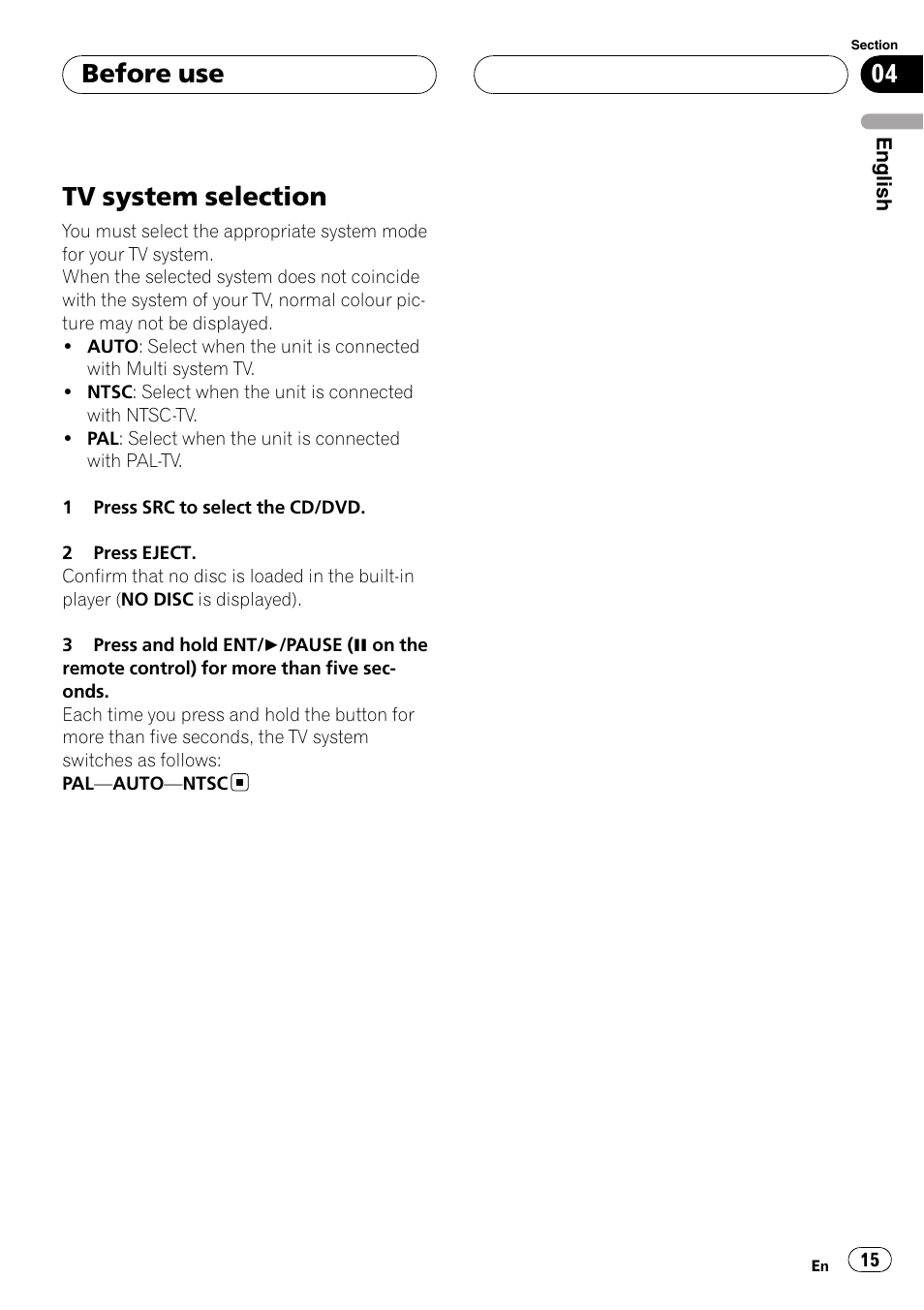 Tv system selection, Before use | Pioneer DVH-3950MP User Manual | Page 15 / 154