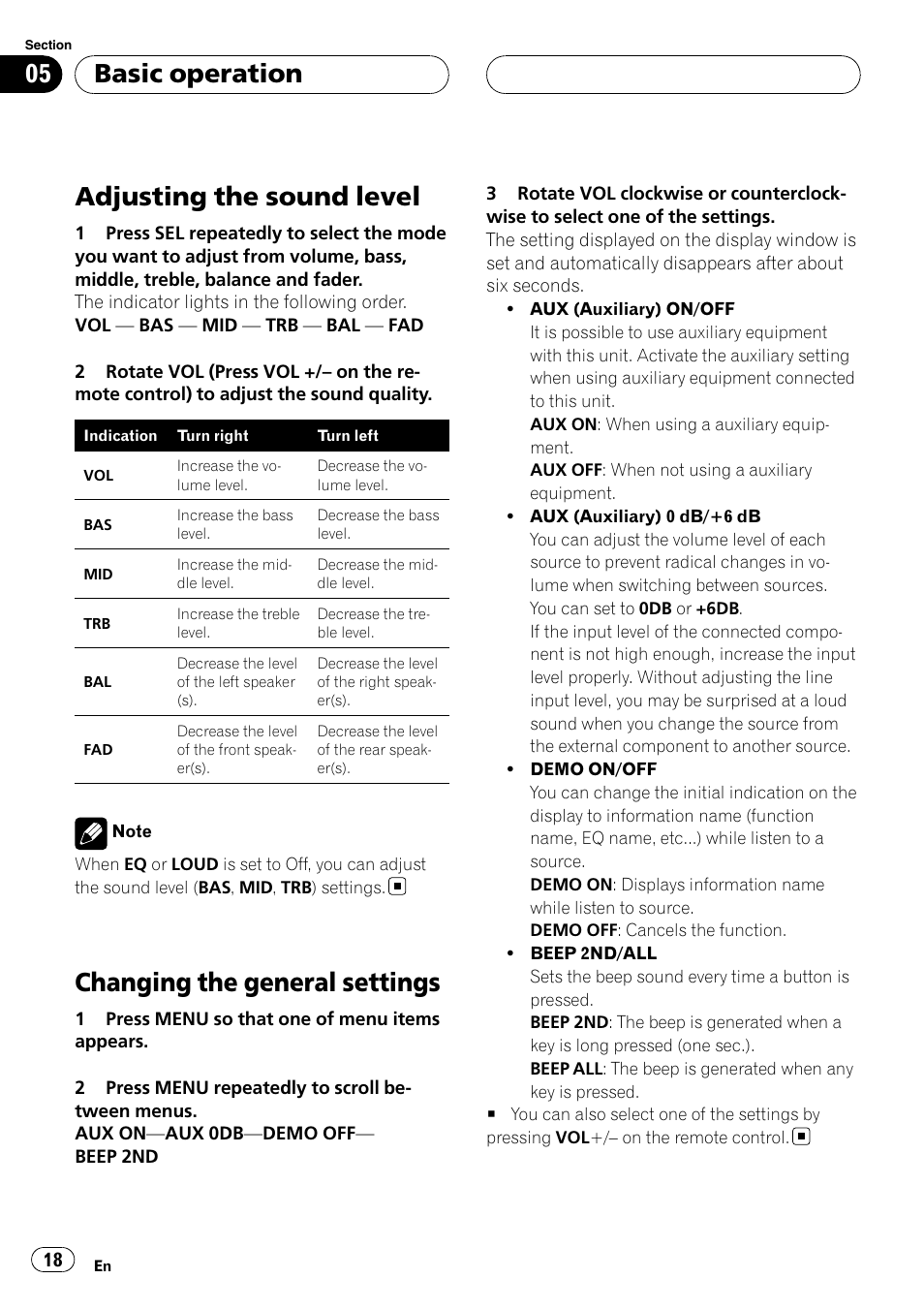 Adjusting the sound level, Changing the general settings, Basic operation | Pioneer DVH-3950MP User Manual | Page 18 / 154