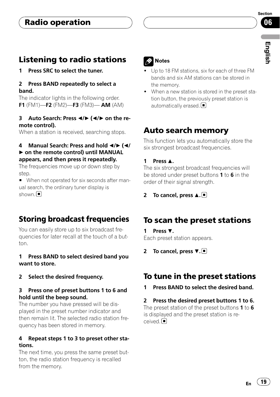 Radio operation listening to radio stations, Storing broadcast frequencies, Auto search memory | To scan the preset stations, To tune in the preset stations, Listening to radio stations, Radio operation | Pioneer DVH-3950MP User Manual | Page 19 / 154