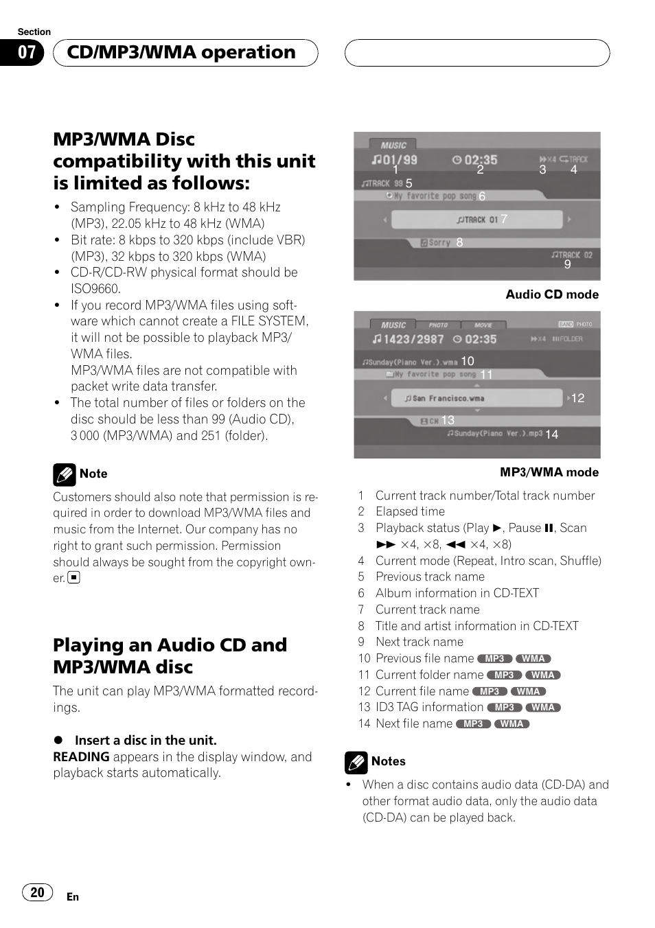 Limited as follows, Playing an audio cd and mp3/wma, Disc | Playing an audio cd and mp3/wma disc, Cd/mp3/wma operation | Pioneer DVH-3950MP User Manual | Page 20 / 154