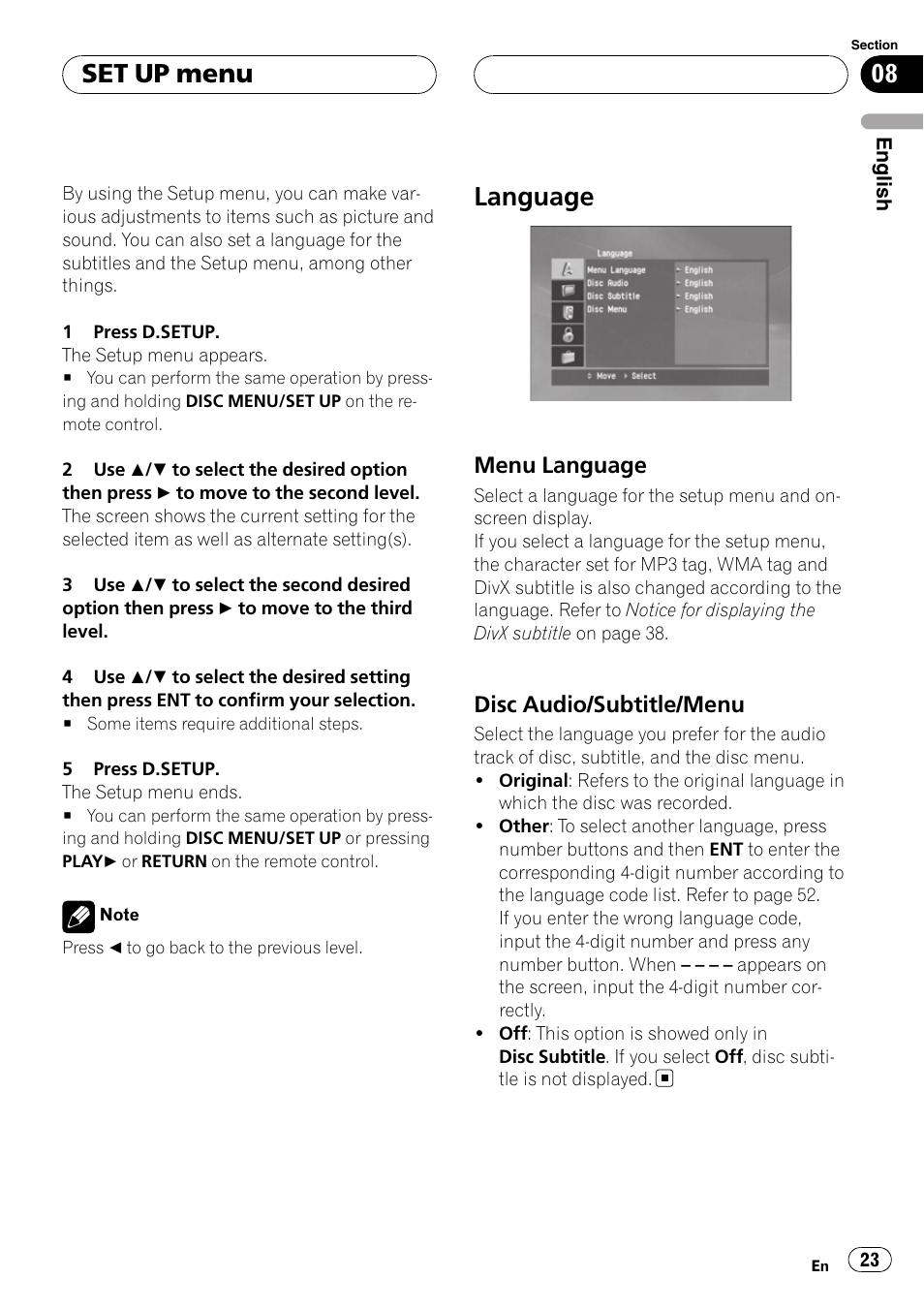 Set up menu language, Menu language 23, Disc audio/subtitle/menu 23 | Language, Set up menu, Menu language, Disc audio/subtitle/menu | Pioneer DVH-3950MP User Manual | Page 23 / 154