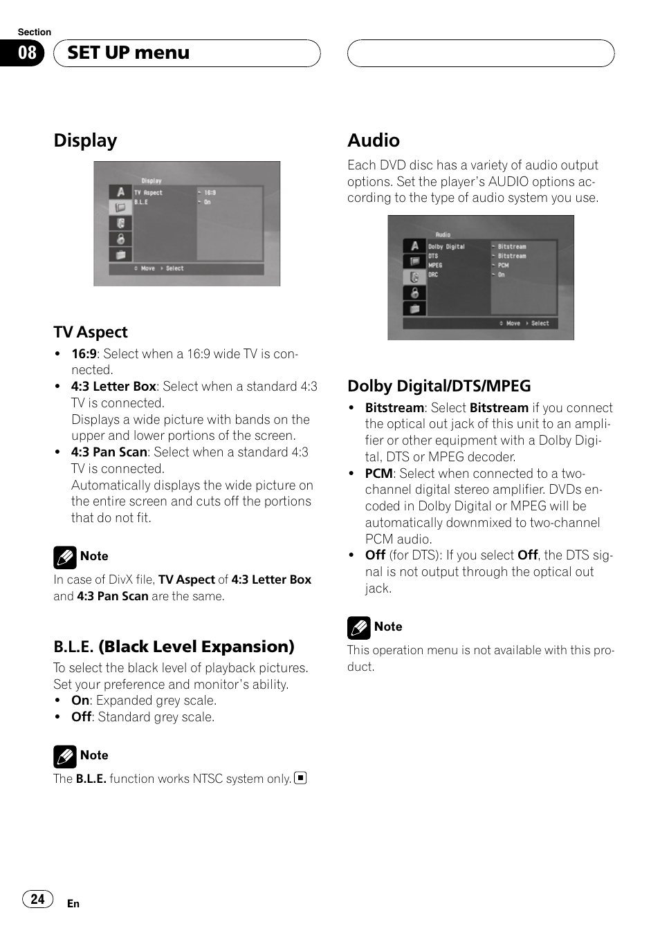 Display, Tv aspect 24, B.l.e. (black level expansion) 24 | Audio, Dolby digital/dts/mpeg 24, Set up menu | Pioneer DVH-3950MP User Manual | Page 24 / 154