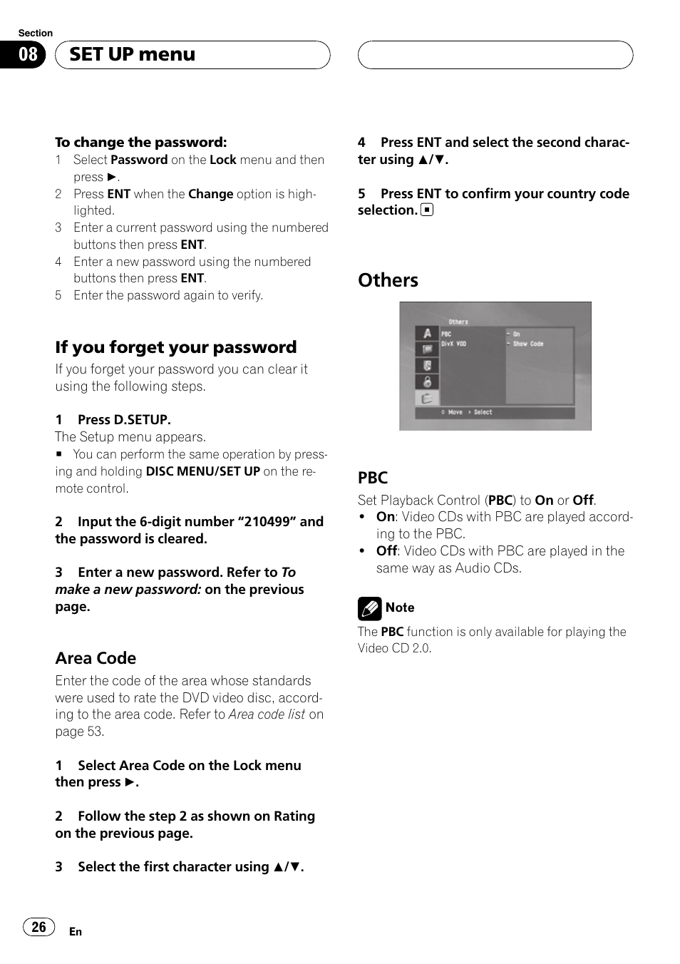 If you forget your password 26, Area code 26, Others | Pbc 26, Set up menu, If you forget your password, Area code | Pioneer DVH-3950MP User Manual | Page 26 / 154