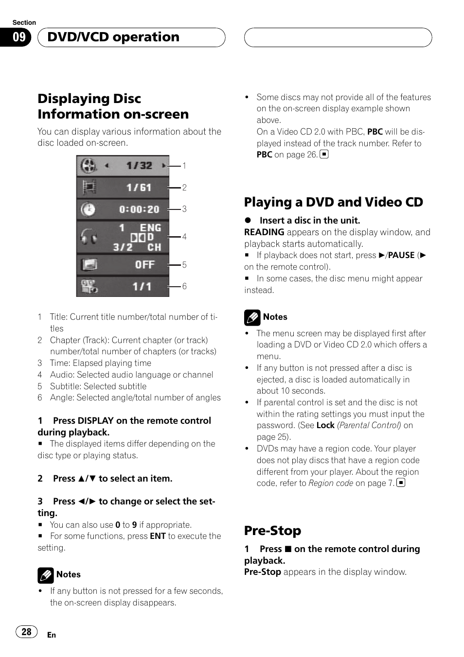 Playing a dvd and video cd, Pre-stop, Displaying disc information on-screen | Dvd/vcd operation | Pioneer DVH-3950MP User Manual | Page 28 / 154