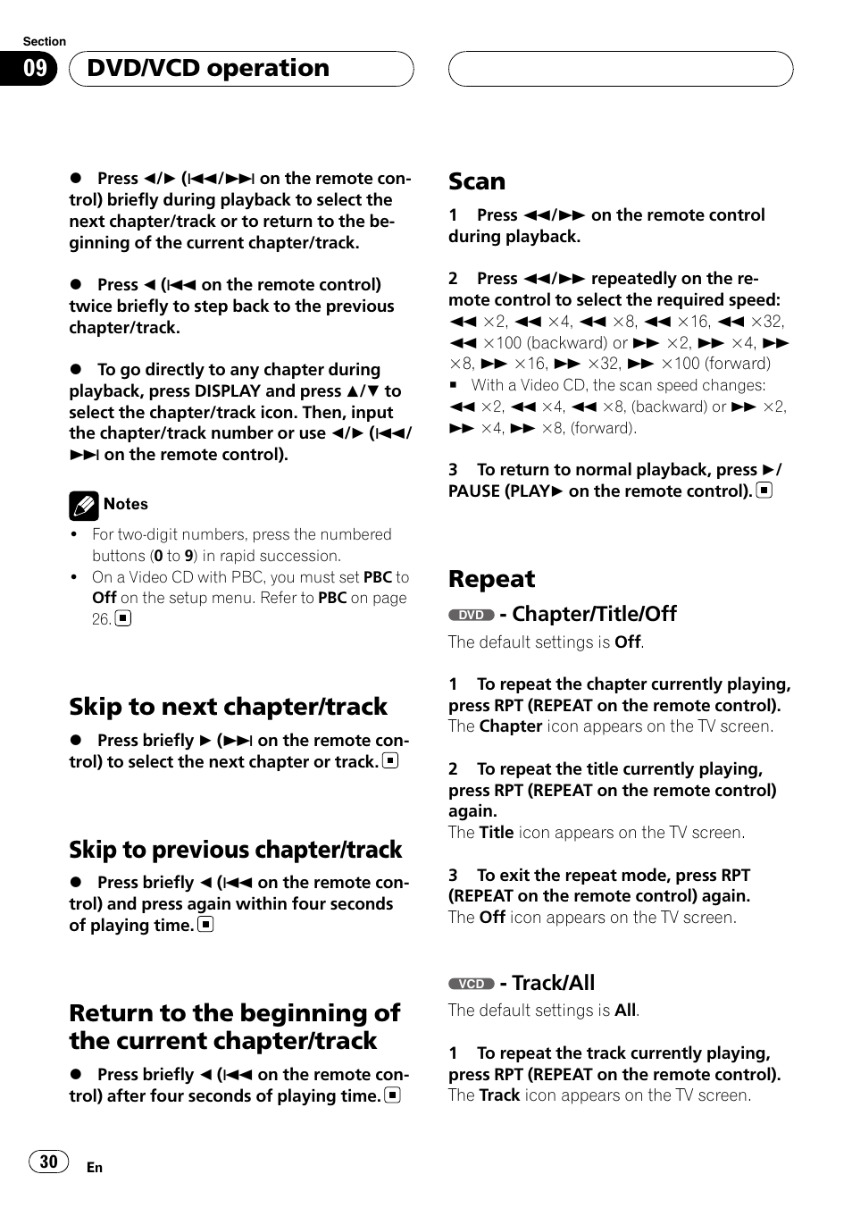 Skip to next chapter/track, Skip to previous chapter/track, Return to the beginning of the current | Chapter/track, Scan, Repeat, Chapter/title/off, Track/all, Dvd/vcd operation | Pioneer DVH-3950MP User Manual | Page 30 / 154