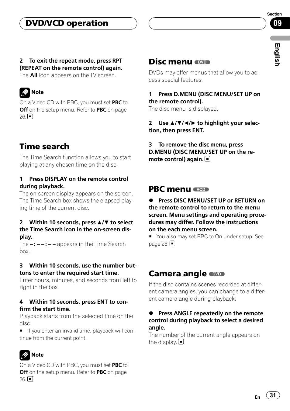 Time search, Disc menu, Pbc menu | Camera angle, Dvd/vcd operation | Pioneer DVH-3950MP User Manual | Page 31 / 154