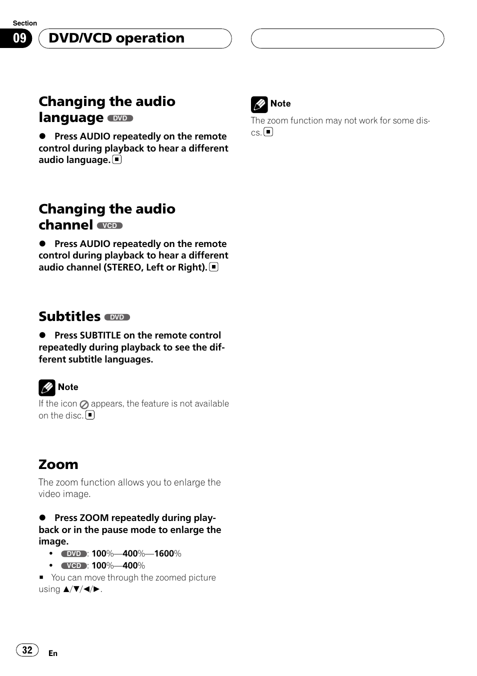 Changing the audio language, Changing the audio channel, Subtitles | Zoom, Dvd/vcd operation | Pioneer DVH-3950MP User Manual | Page 32 / 154