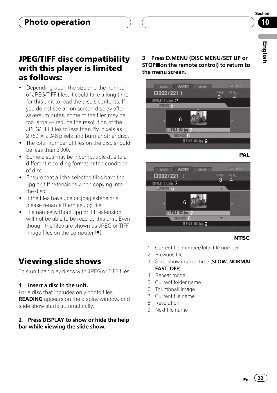 Is limited as follows, Viewing slide shows, Photo operation | Pioneer DVH-3950MP User Manual | Page 33 / 154