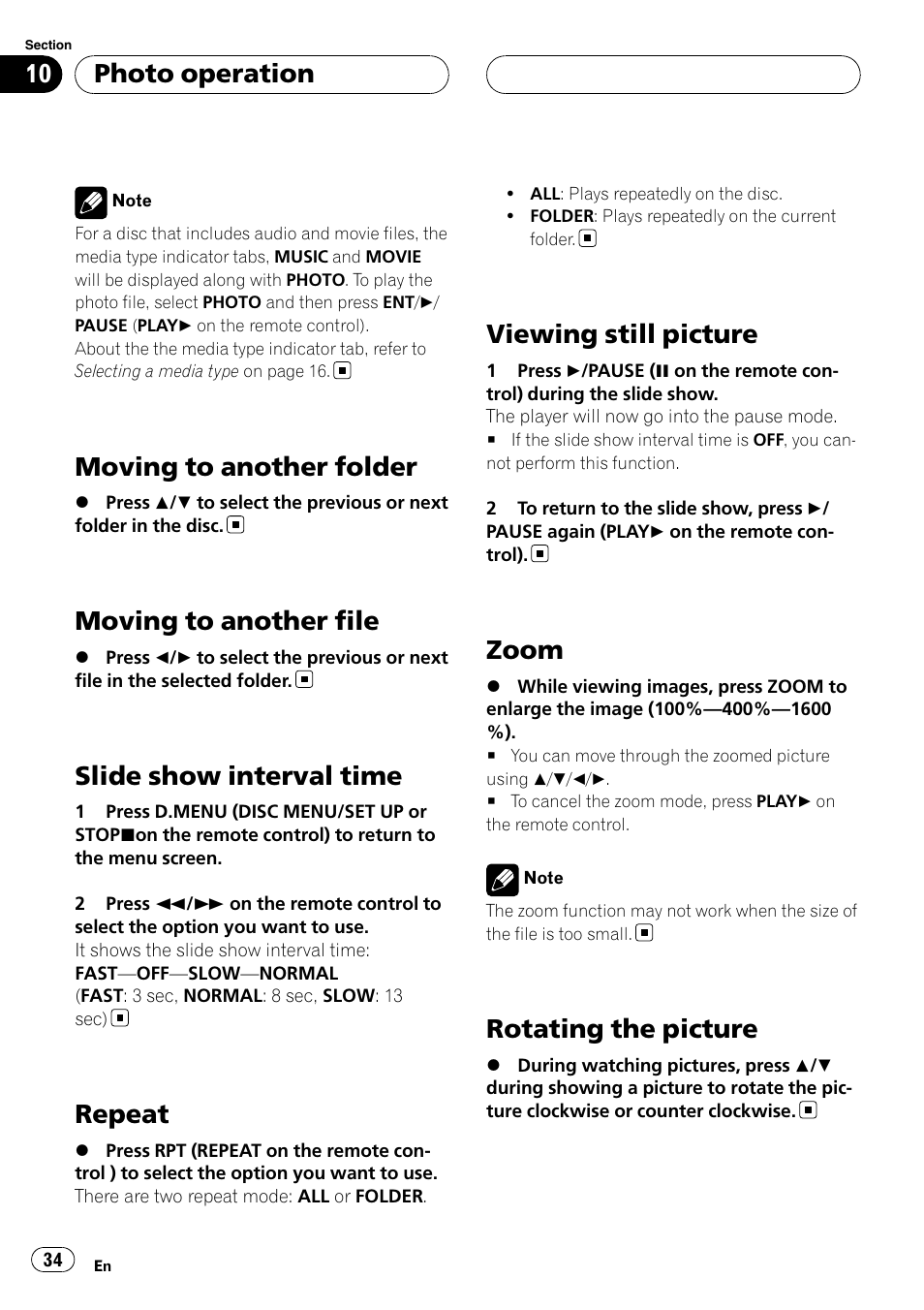 Moving to another folder, Moving to another file, Slide show interval time | Repeat, Viewing still picture, Zoom, Rotating the picture, Photo operation | Pioneer DVH-3950MP User Manual | Page 34 / 154