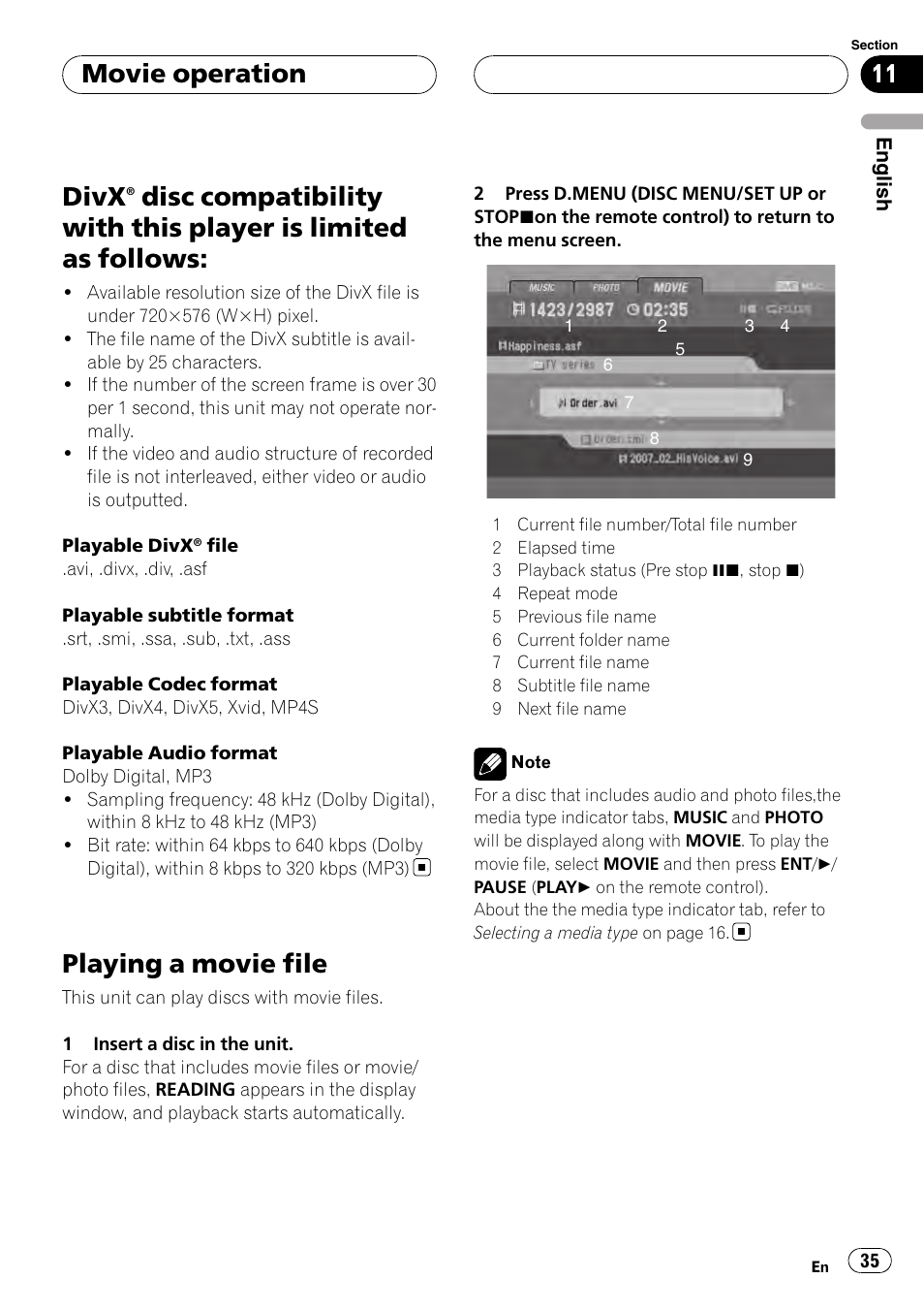 Limited as follows, Playing a movie file, Divx | Movie operation | Pioneer DVH-3950MP User Manual | Page 35 / 154