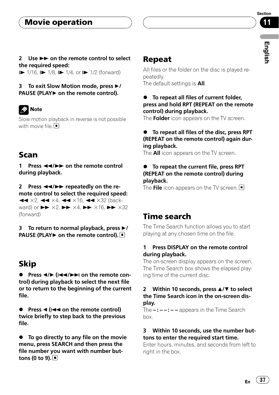 Scan, Skip, Repeat | Time search, Movie operation | Pioneer DVH-3950MP User Manual | Page 37 / 154