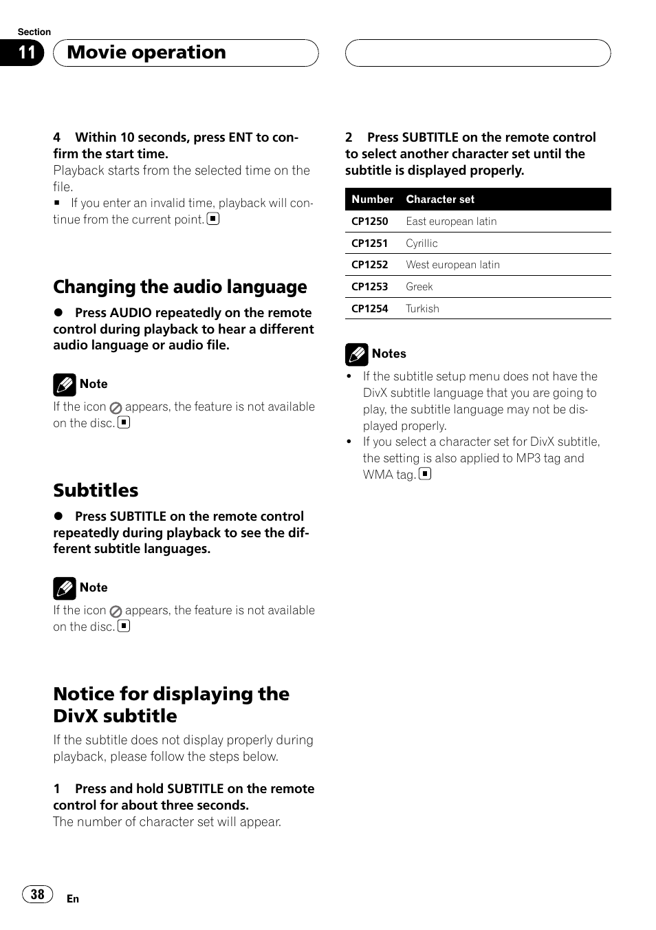 Changing the audio language, Subtitles, Notice for displaying the divx subtitle | Movie operation | Pioneer DVH-3950MP User Manual | Page 38 / 154
