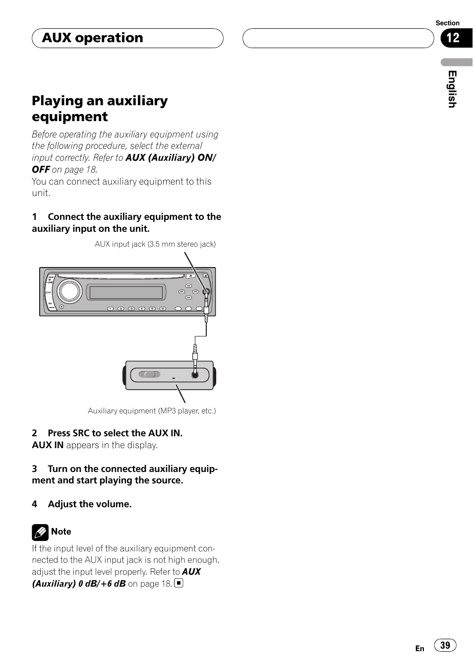 Aux operation playing an auxiliary equipment, Playing an auxiliary equipment, Aux operation | Pioneer DVH-3950MP User Manual | Page 39 / 154