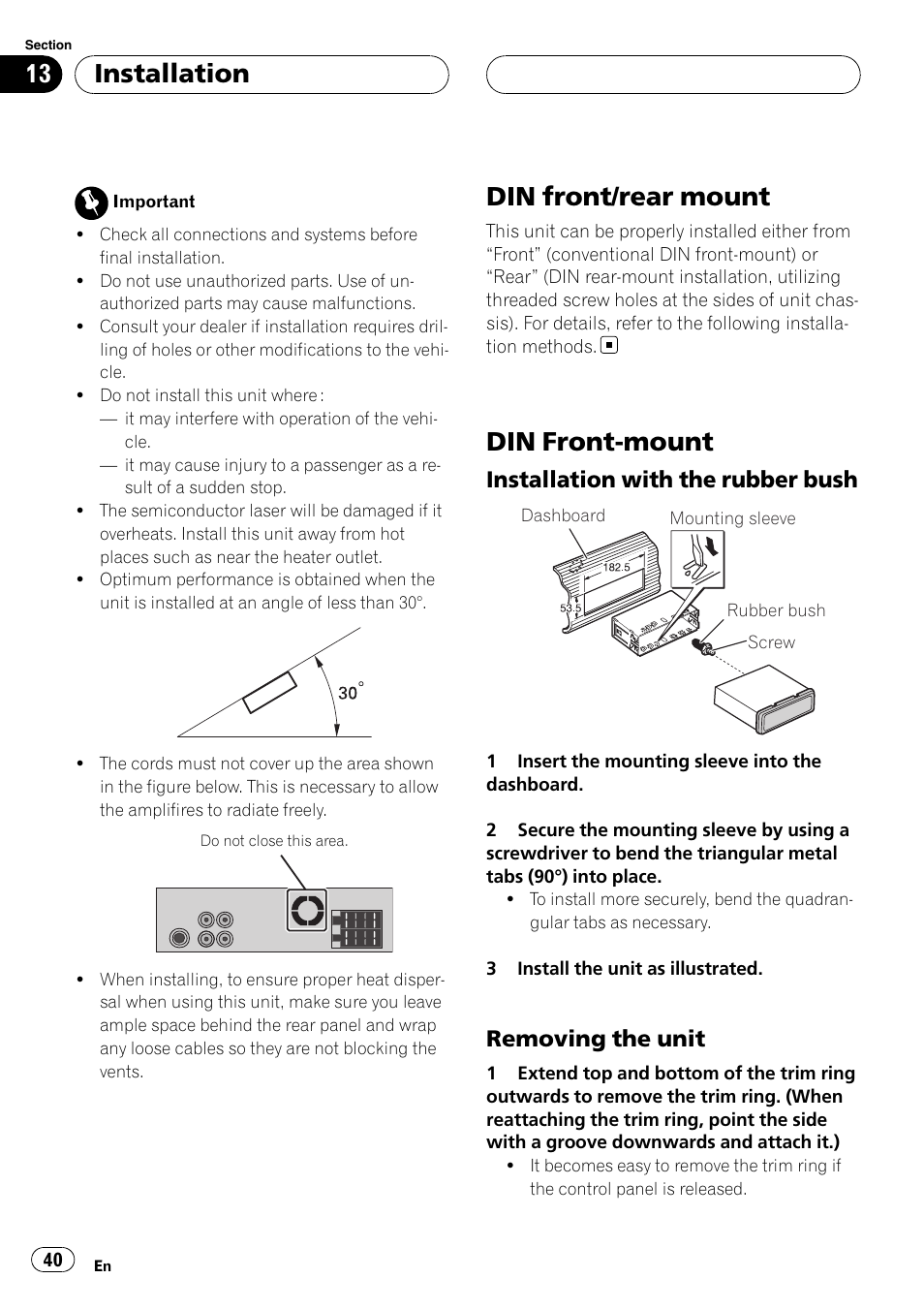 Installation din front/rear mount, Din front-mount, Installation with the rubber bush 40 | Removing the unit 40, Din front/rear mount, Installation, Installation with the rubber bush, Removing the unit | Pioneer DVH-3950MP User Manual | Page 40 / 154