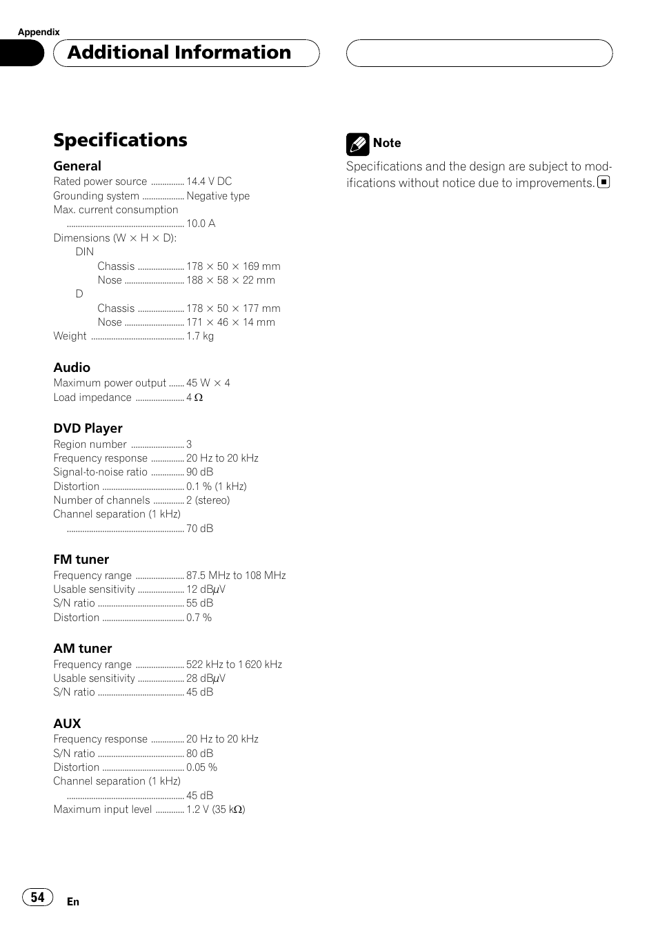 Specifications, Additional information | Pioneer DVH-3950MP User Manual | Page 54 / 154