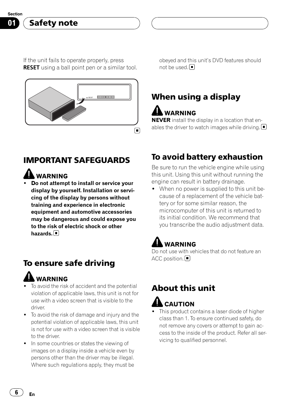 Important safeguards, To ensure safe driving, When using a display | To avoid battery exhaustion, About this unit | Pioneer DVH-3950MP User Manual | Page 6 / 154