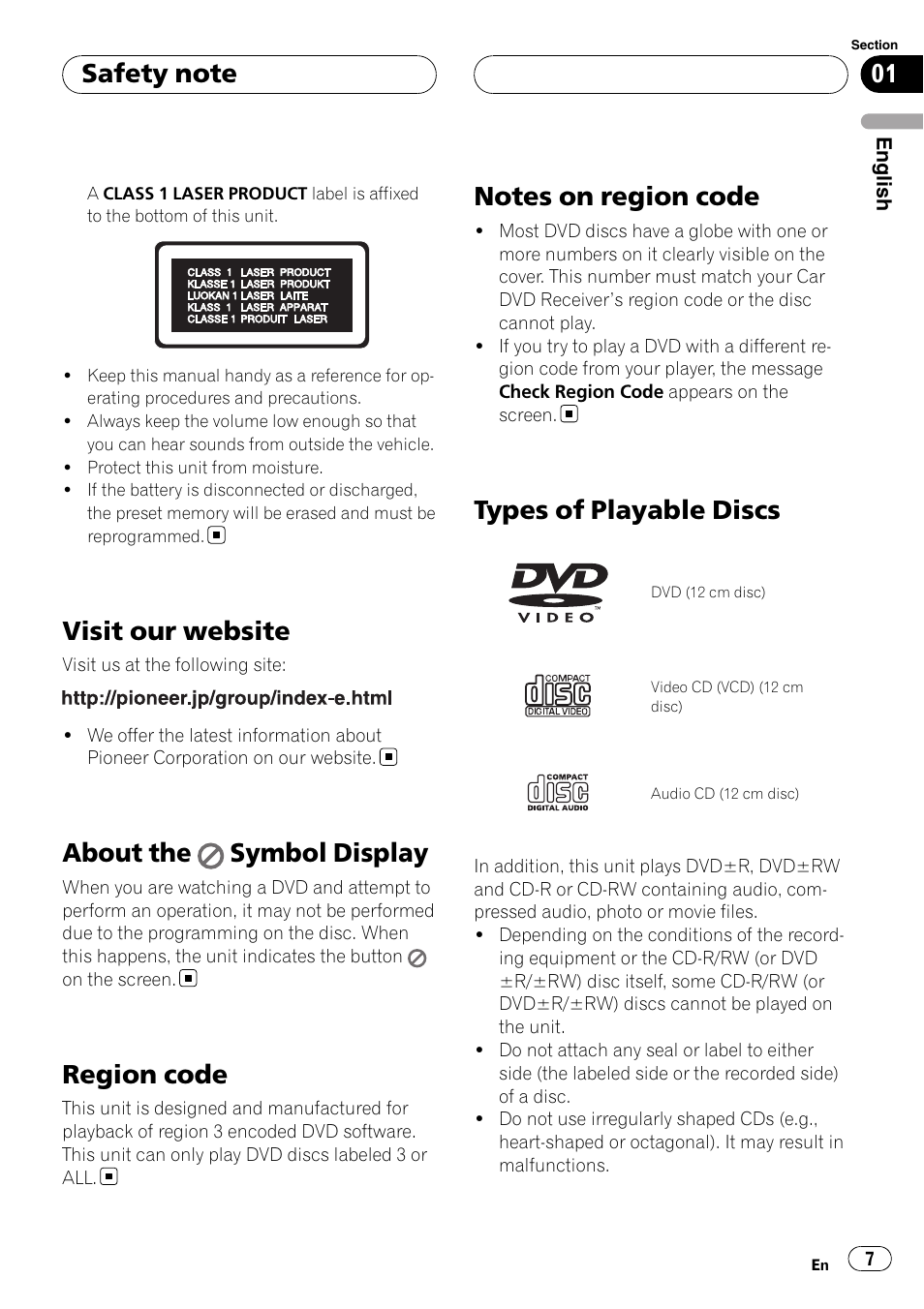 Visit our website, About the, Symbol display | Region code, Notes on region code, Types of playable discs, About the symbol display | Pioneer DVH-3950MP User Manual | Page 7 / 154