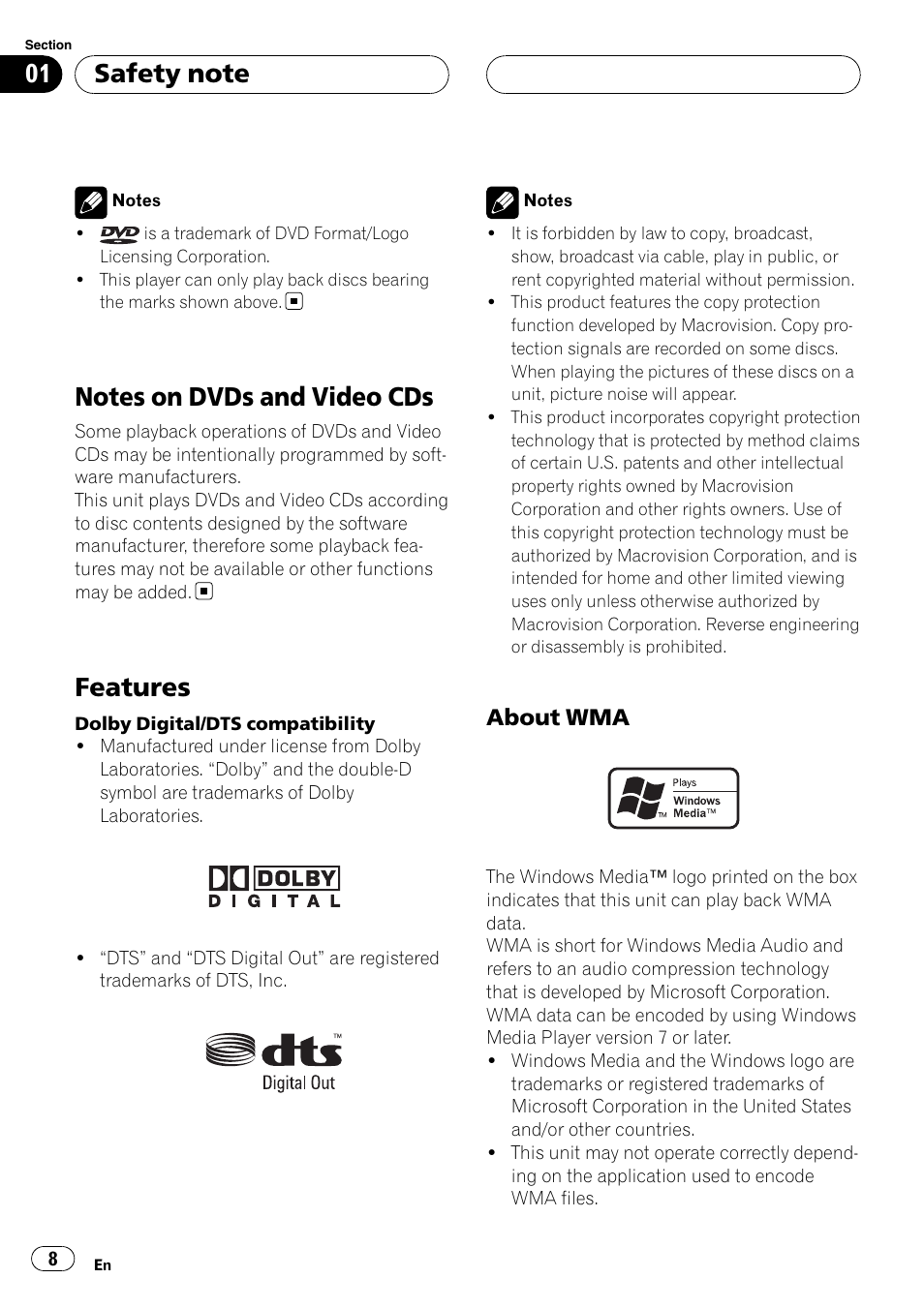 Notes on dvds and video cds, Features, About wma 8 | About wma | Pioneer DVH-3950MP User Manual | Page 8 / 154