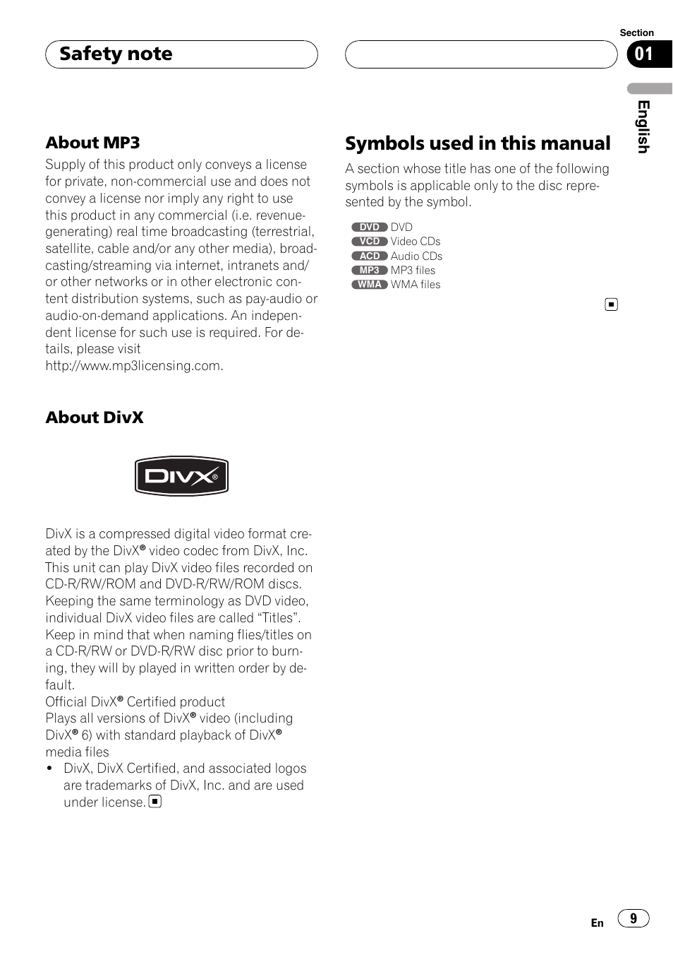 About mp3 9, About divx 9, Symbols used in this manual | About mp3, About divx, English | Pioneer DVH-3950MP User Manual | Page 9 / 154