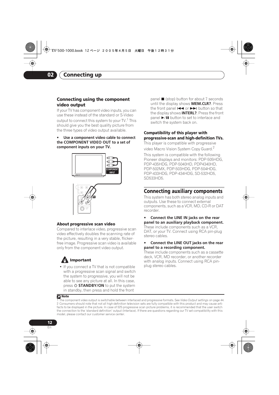 Connecting using the component video output, Connecting auxiliary components, Connecting up 02 | Pioneer S-EV500V User Manual | Page 12 / 63