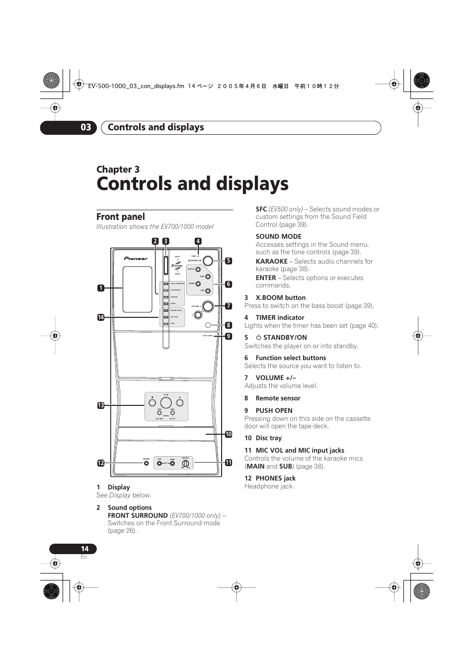 03 controls and displays, Front panel, Controls and displays | Controls and displays 03, Chapter 3 | Pioneer S-EV500V User Manual | Page 14 / 63