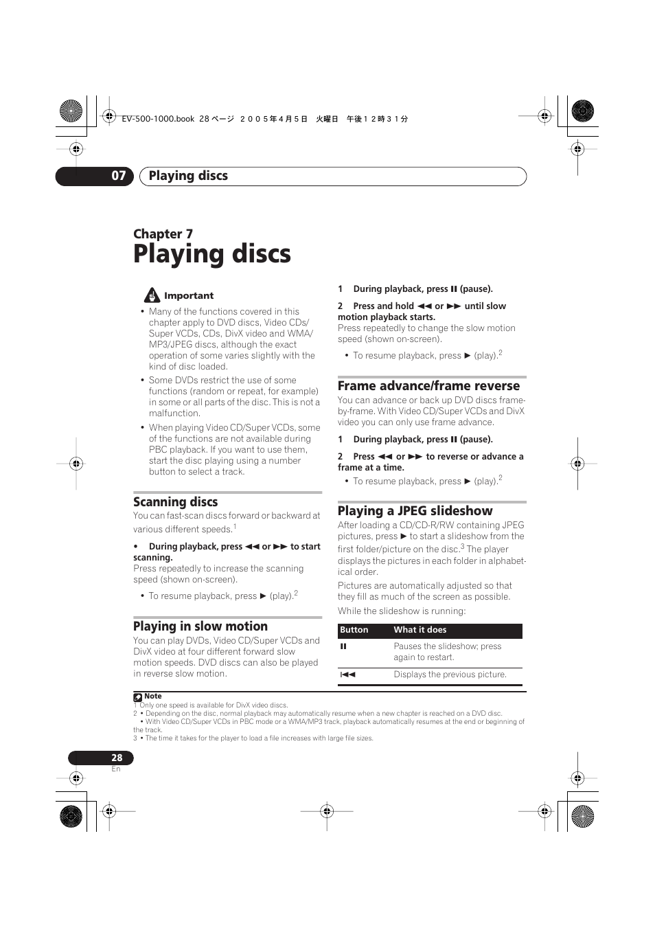 07 playing discs, Scanning discs, Playing in slow motion | Frame advance/frame reverse, Playing a jpeg slideshow, Playing discs, Playing discs 07, Chapter 7 | Pioneer S-EV500V User Manual | Page 28 / 63