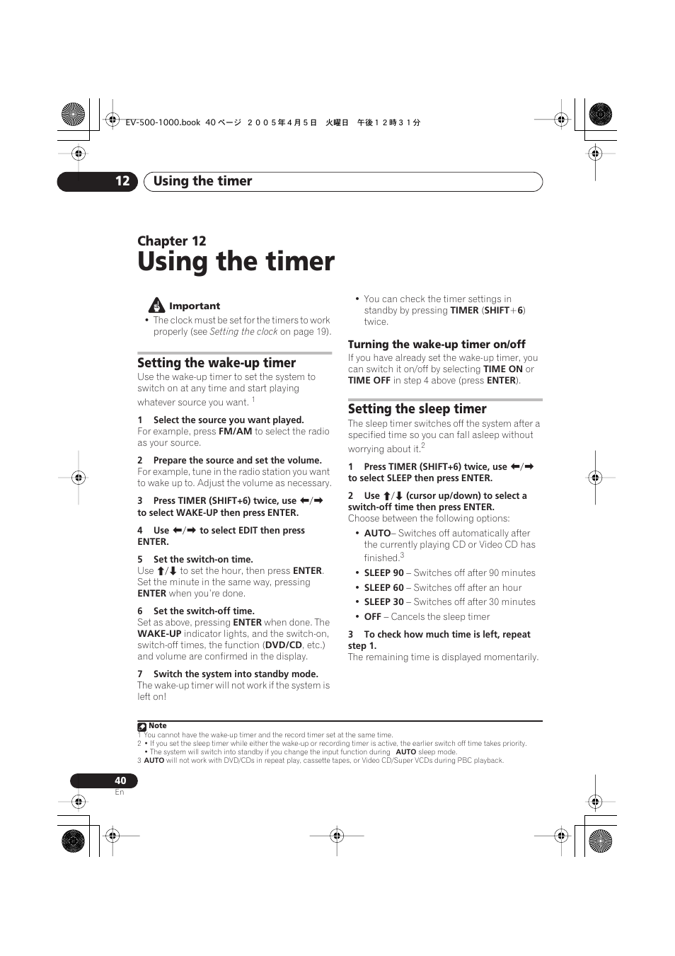 12 using the timer, Setting the wake-up timer, Turning the wake-up timer on/off | Setting the sleep timer, Using the timer, Using the timer 12, Chapter 12 | Pioneer S-EV500V User Manual | Page 40 / 63