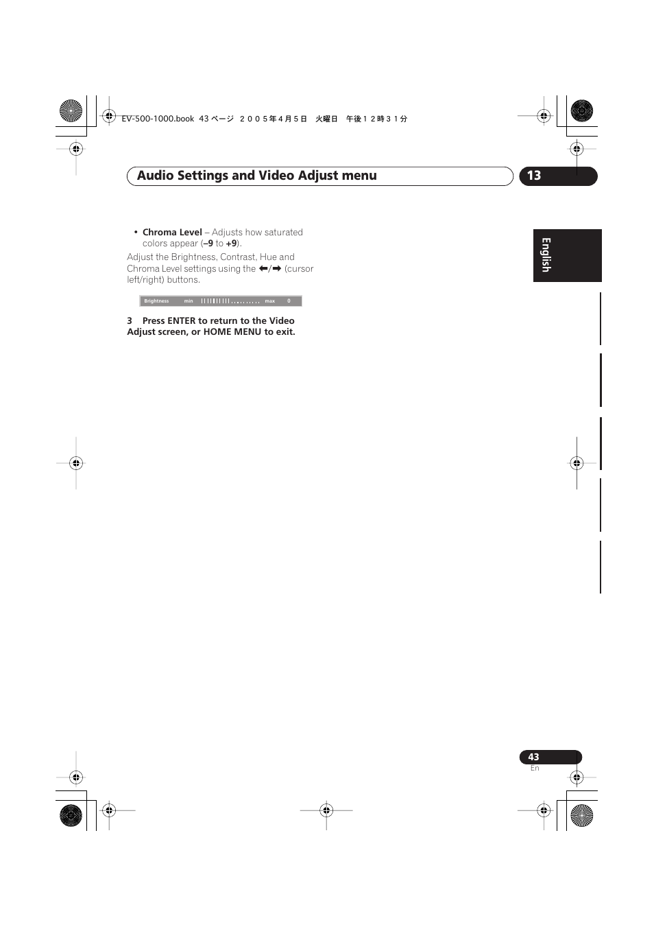 Audio settings and video adjust menu 13 | Pioneer S-EV500V User Manual | Page 43 / 63