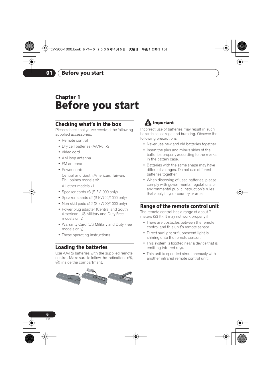 01 before you start, Checking what’s in the box, Loading the batteries | Range of the remote control unit, Before you start, Before you start 01, Chapter 1 | Pioneer S-EV500V User Manual | Page 6 / 63