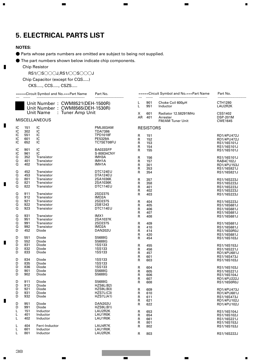 Electrical parts list | Pioneer DEH-1510XU/EE User Manual | Page 38 / 71