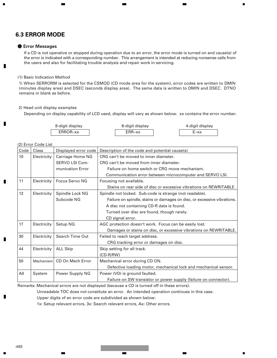 3 error mode | Pioneer DEH-1510XU/EE User Manual | Page 46 / 71