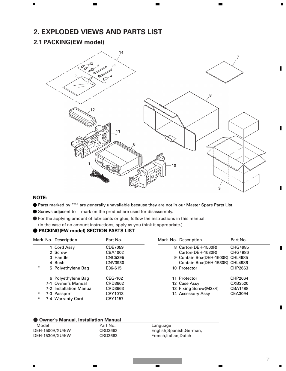 Exploded views and parts list, 1 packing(ew model) | Pioneer DEH-1510XU/EE User Manual | Page 7 / 71