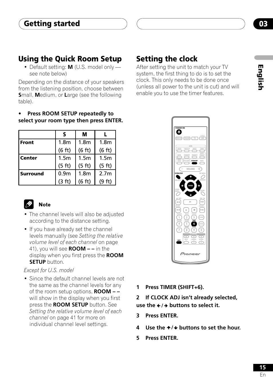 Using the quick room setup setting the clock, Getting started 03, Using the quick room setup | Setting the clock, English, Buttons to select it. 3 press enter. 4 use the, Buttons to set the hour. 5 press enter, Front center surround | Pioneer XV-DV505 User Manual | Page 15 / 76