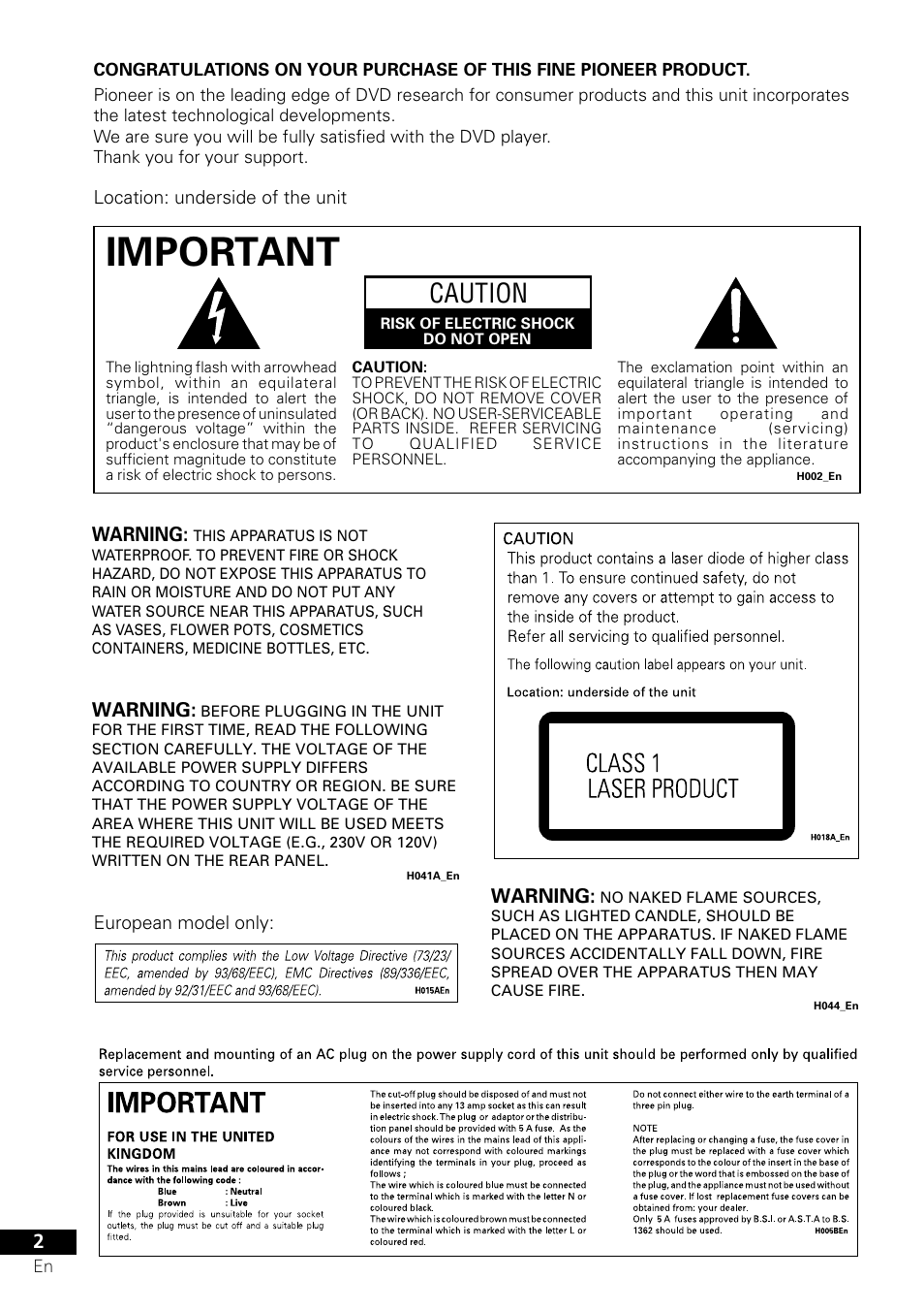 Important, Caution | Pioneer XV-DV505 User Manual | Page 2 / 76